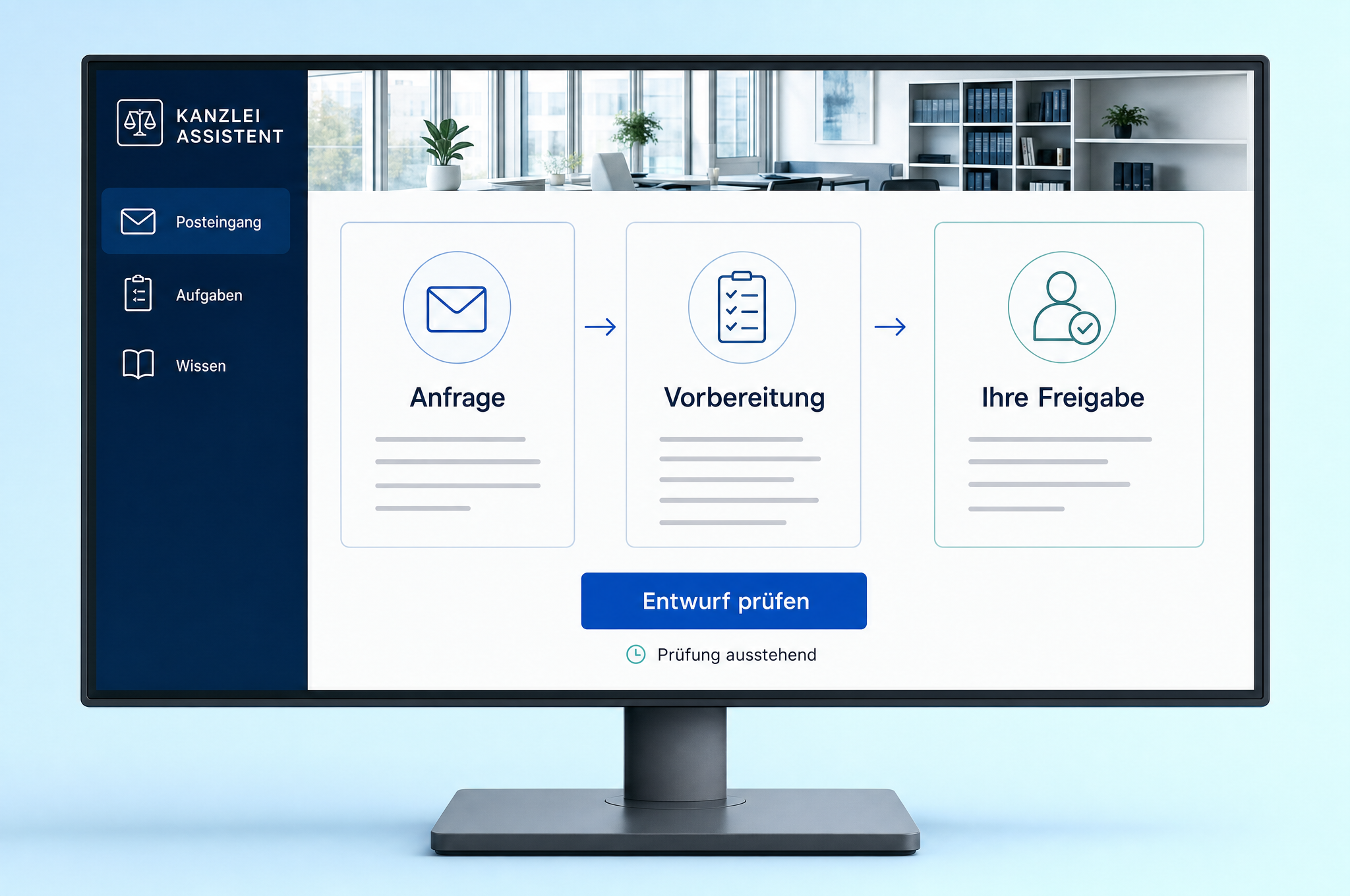 Illustratives Konzept: Anfrage, Vorbereitung und Freigabe auf einem Bildschirm