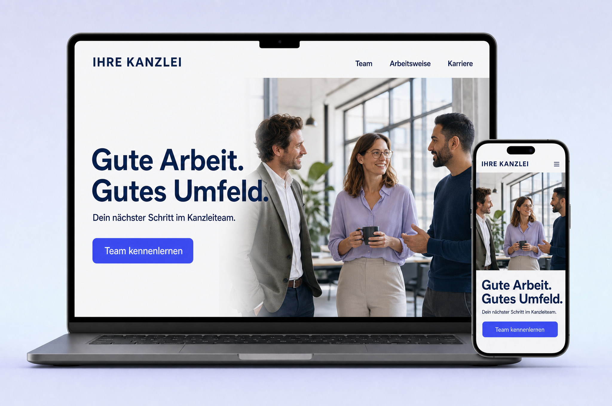 KI-generiertes Gestaltungsbeispiel für eine Kanzlei-Karriereseite