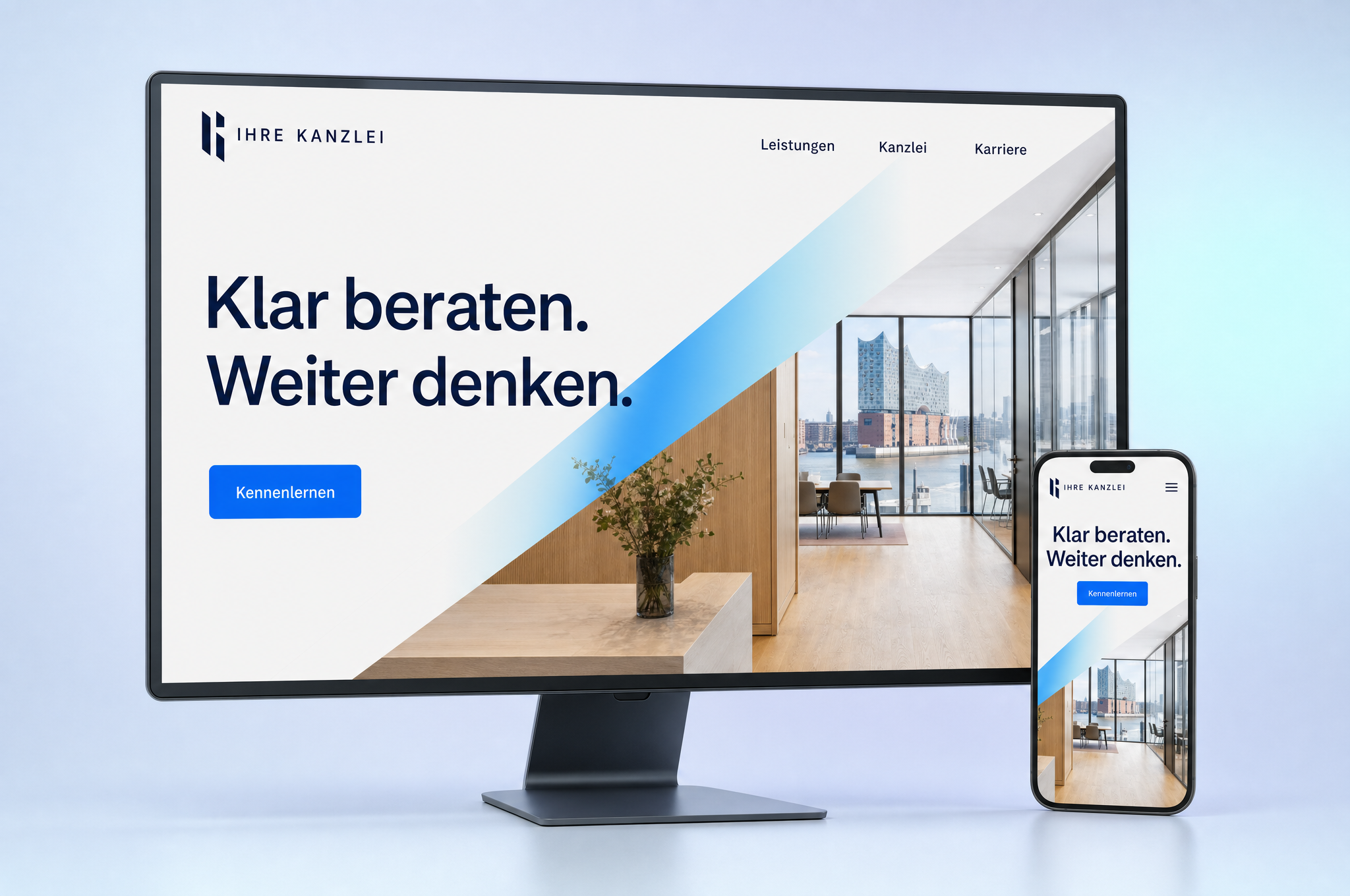 KI-generiertes Website-Mockup für eine Steuerkanzlei auf Desktop und Smartphone